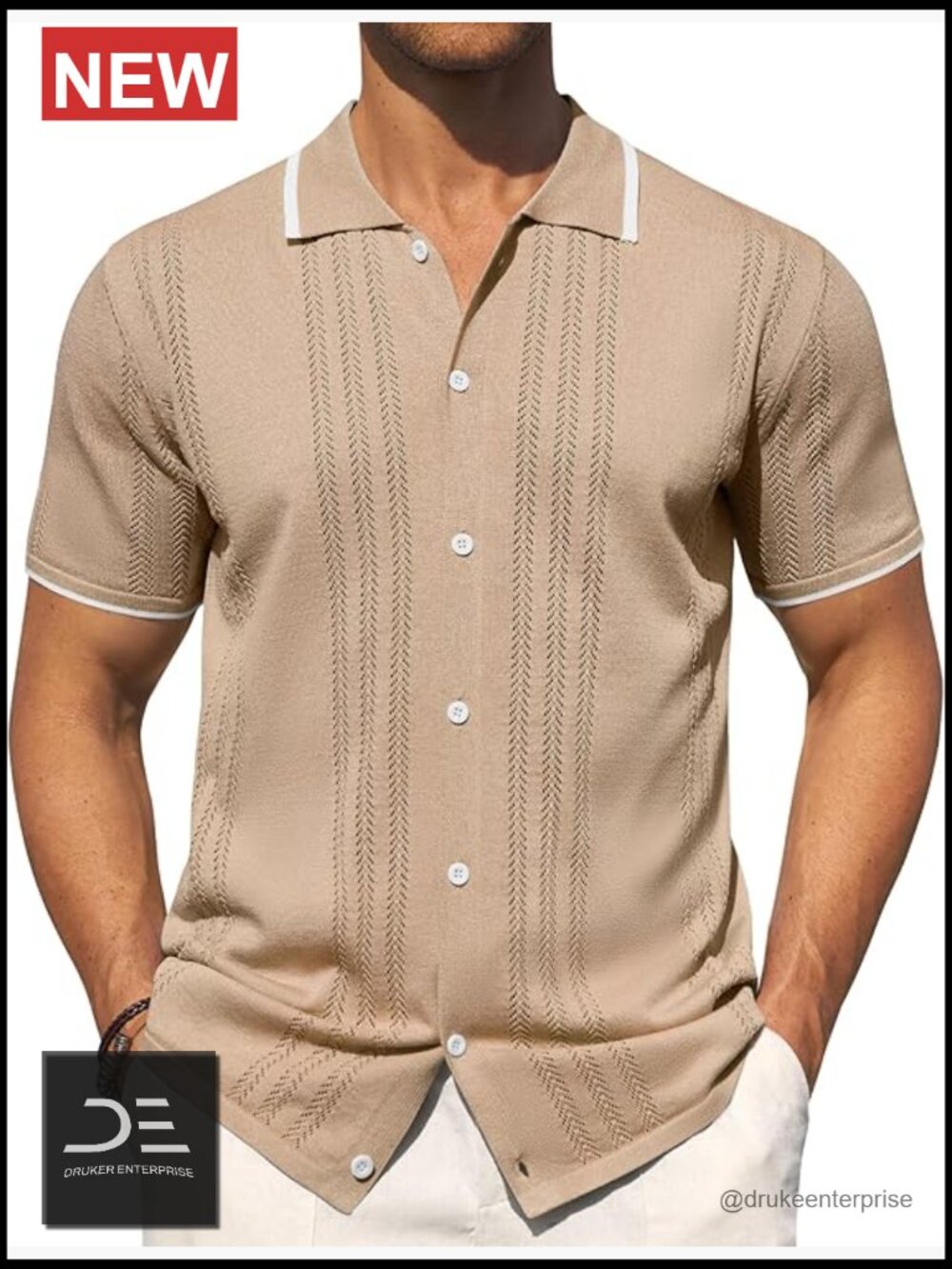 Mens Knit Shirt Short Sleeve Button Down Textured Casual Summer Beach Polo Shirt